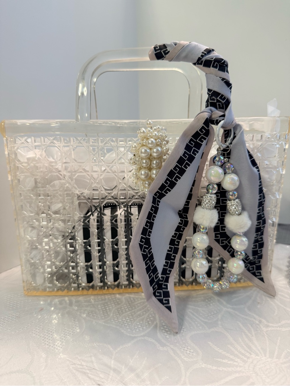 Clear Jelly  Mini Tote with Pearl Charm and Gray Scarf Accent with cosmetic case